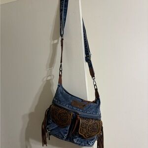 Wrangler Denim and Brown Crossbody Bag with Fringe